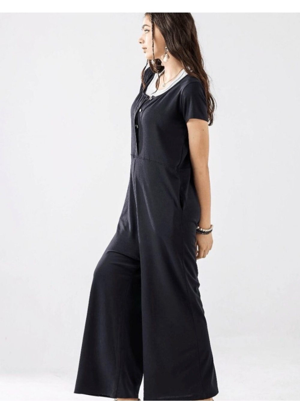 Wide-Leg Black Jumpsuit - Short Sleeve